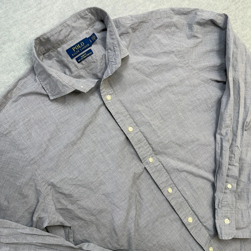 Polo Ralph Lauren‎ Shirt Mens Large Gray Slim Fit Cotton Stretch Lightweight